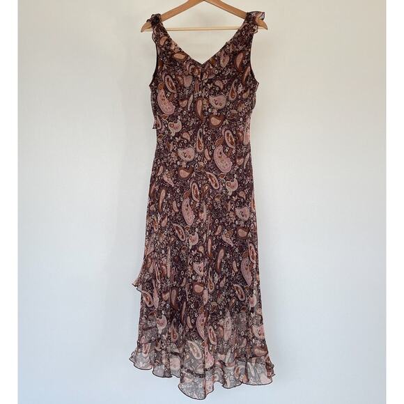 Vtg Y2K Brown Paisley Floral Ruffled Sleeveless Dress Sz 10 Fairycore Grunge - Picture 4 of 9